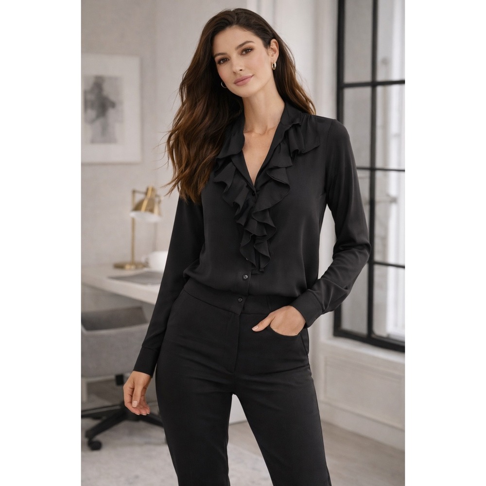 Jones New York Collection Black 100% Silk Ruffle Front Button Up Blouse Size‎ 4
